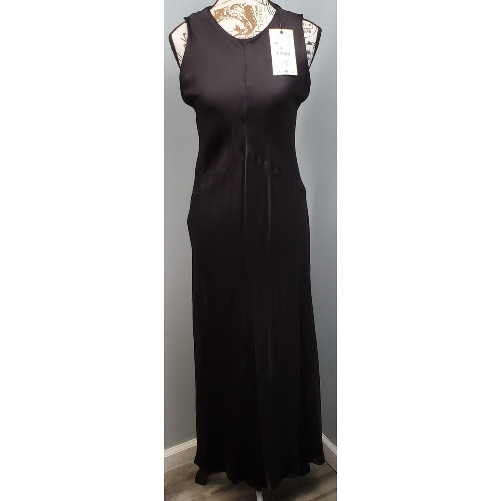 Zara Maxi Slip Dress Womens M Black Sleeveless V-Neck Wedding Formal Back Zip